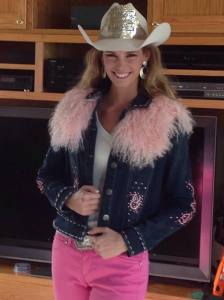 A spiced up Tough Enough to Wear Pink jacket paired with skinny jeans and Buckaroo boots fit Nicole's Fashion for her jacket makeover at the 2014 Miss Rodeo America Pageant.